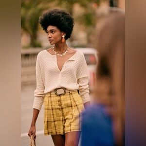 Sezane High Waisted Linen Tartan Shorts. 38. Plaid print.